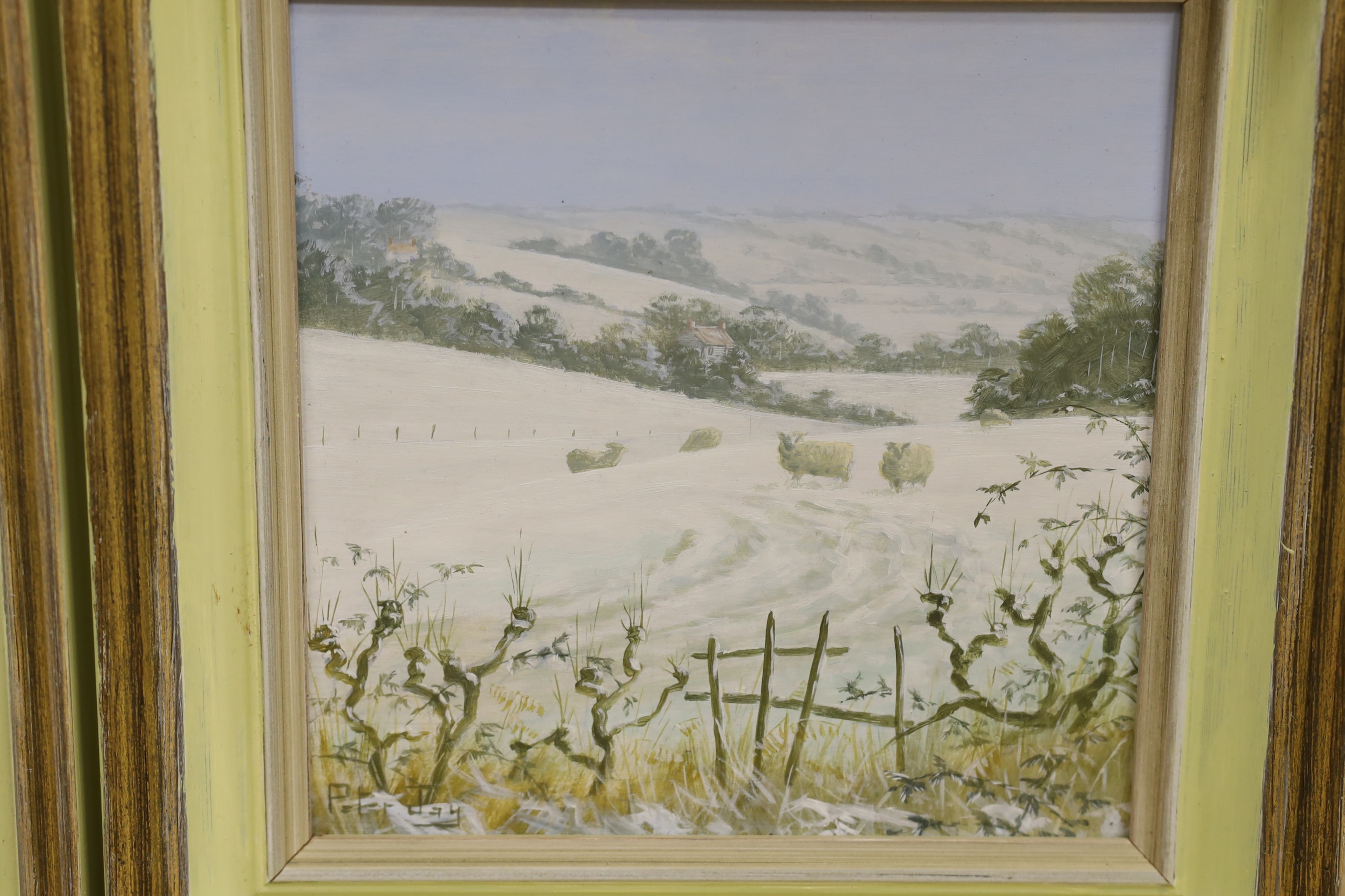 Peter Jay (b.1936), two oils on board, 'Winter sheep' and 'Peasmarsh, Rye', signed, 19 x 19cm
